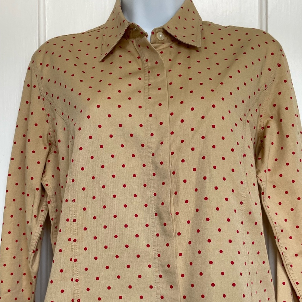 Liz Claiborne, Lizwear Jeans, petite medium tan with red dots long sleeved shirt